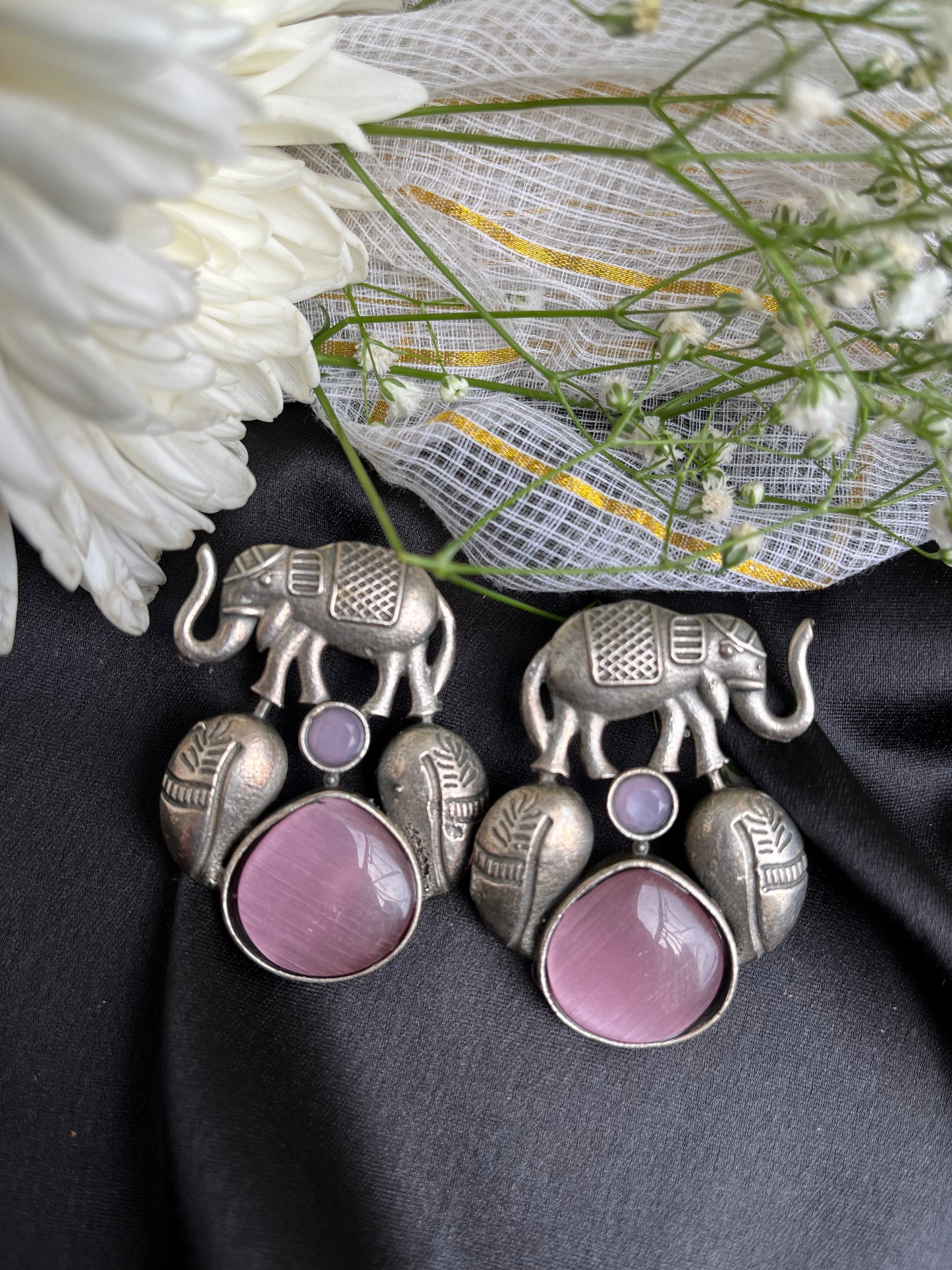 Pink Gajanand Silver Earring