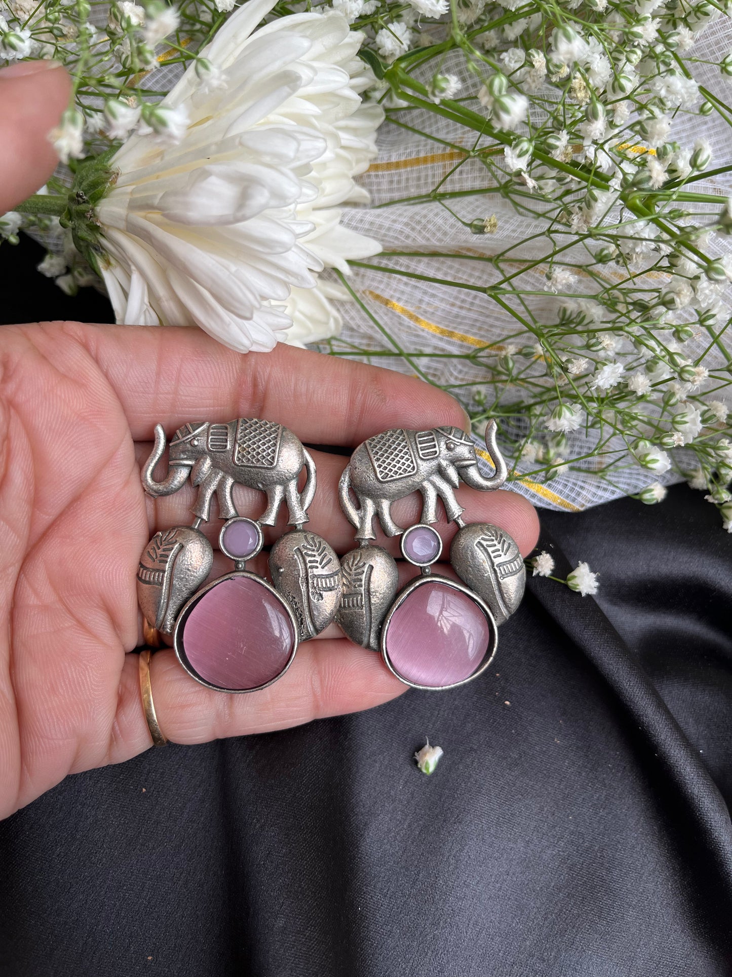 Pink Gajanand Silver Earring