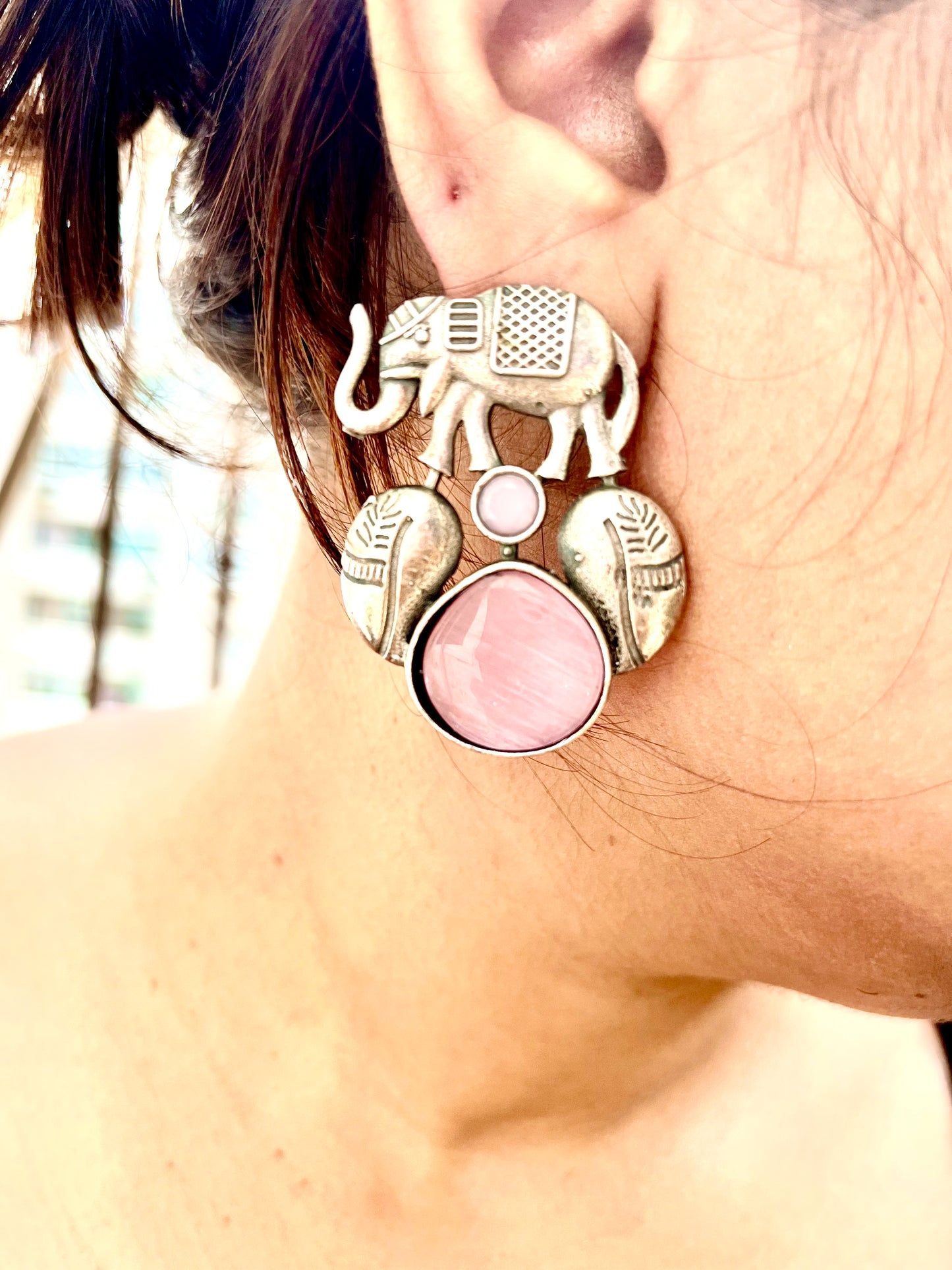 Pink Gajanand Silver Earring