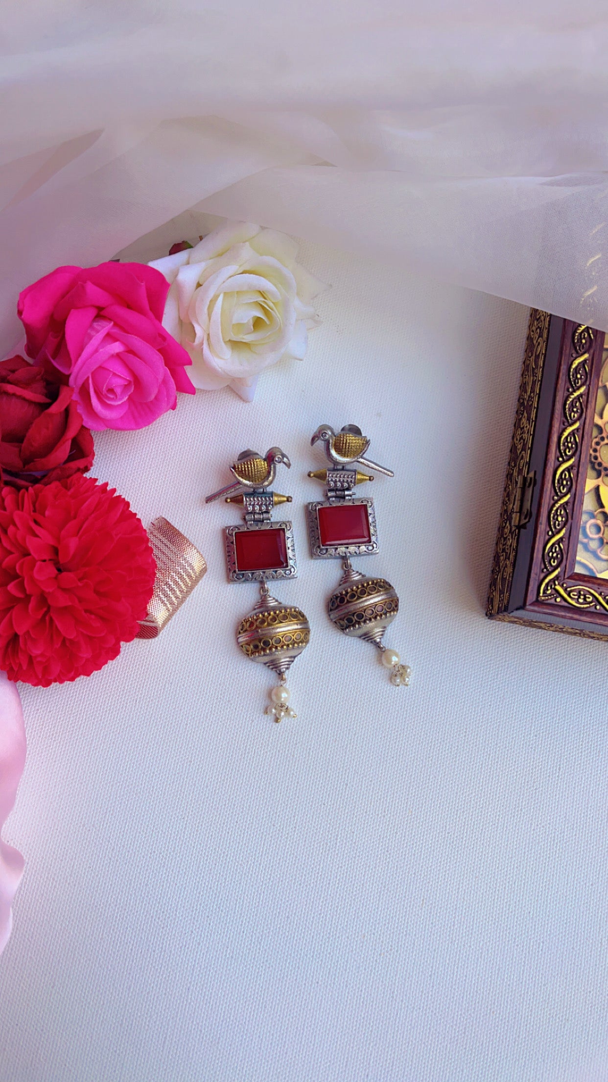 Red Chandni Silver Earring