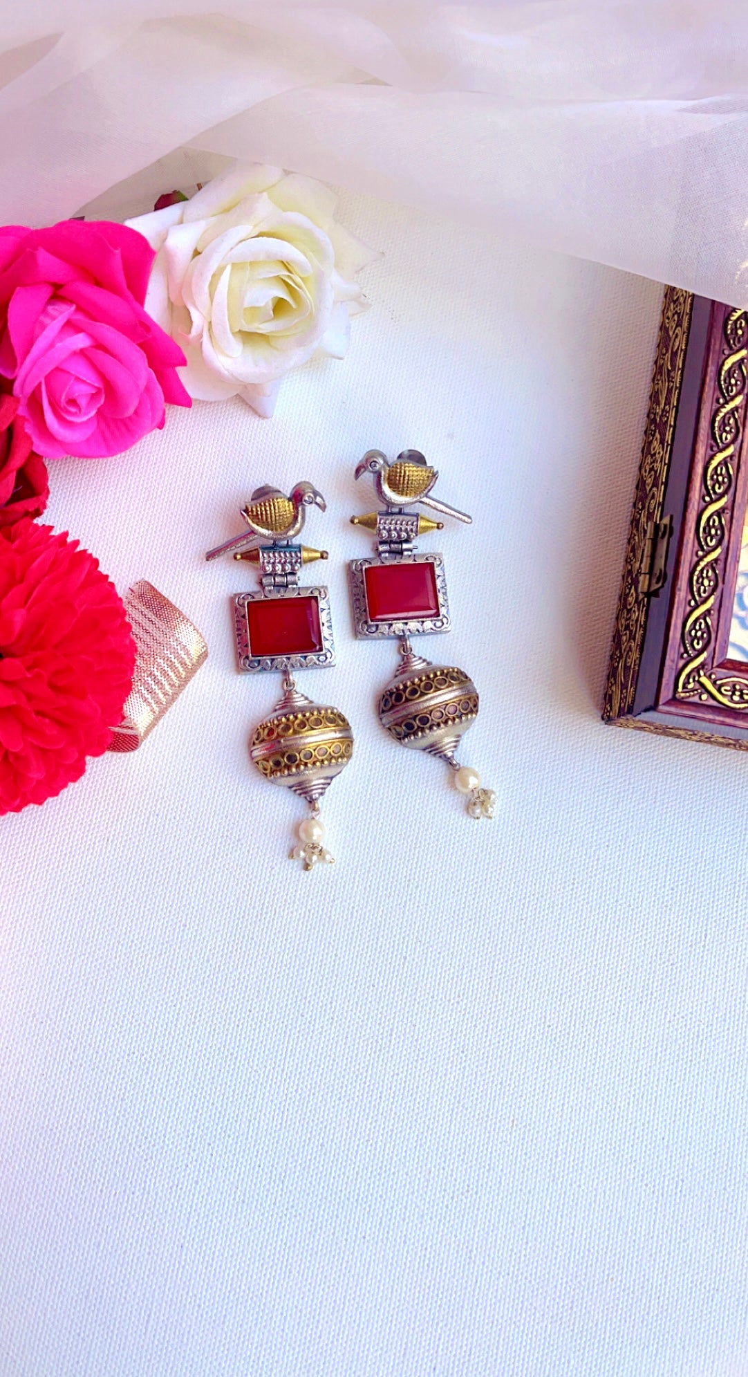 Red Chandni Silver Earring