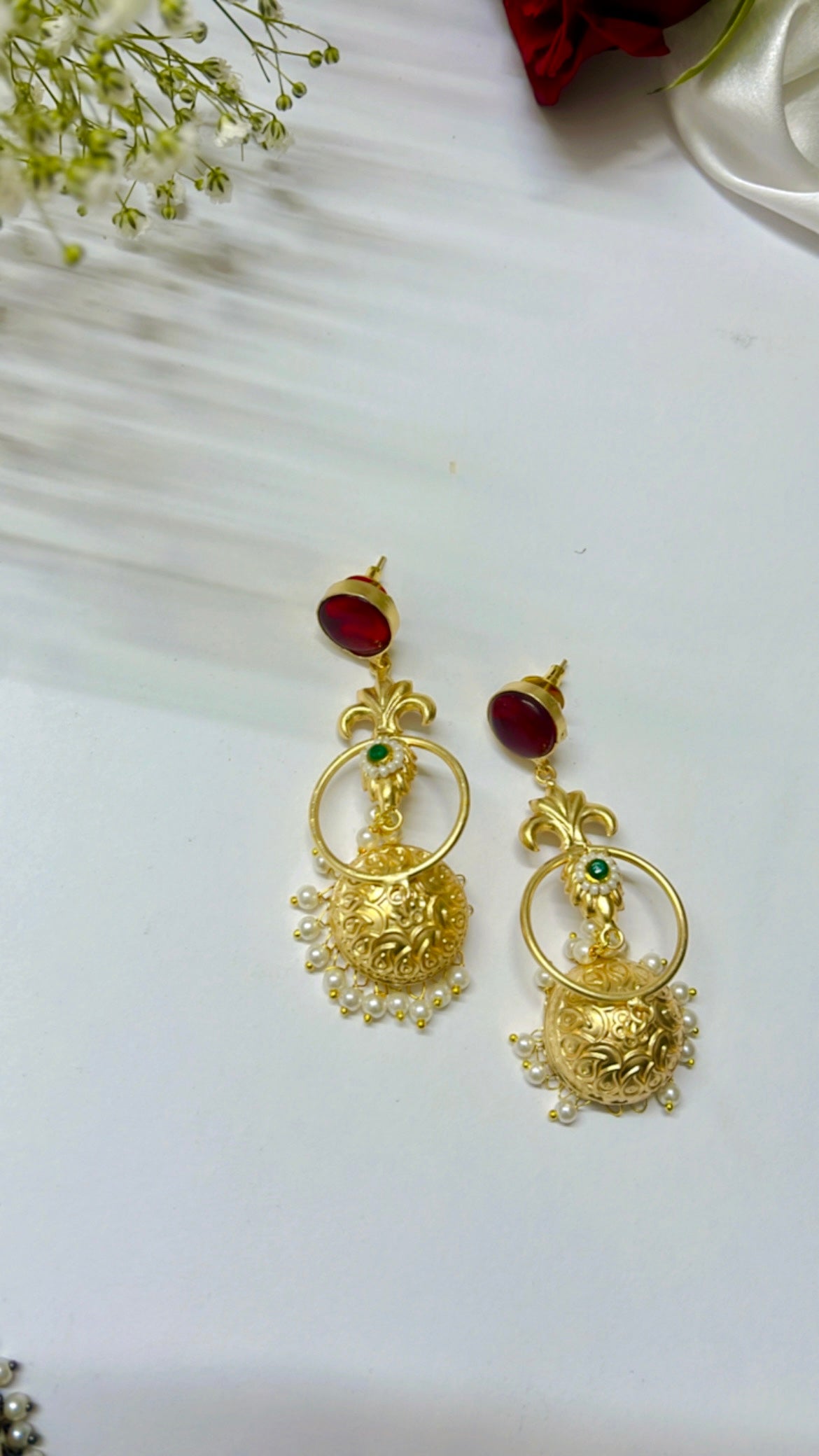 Red Shiuli Jhumka Earring