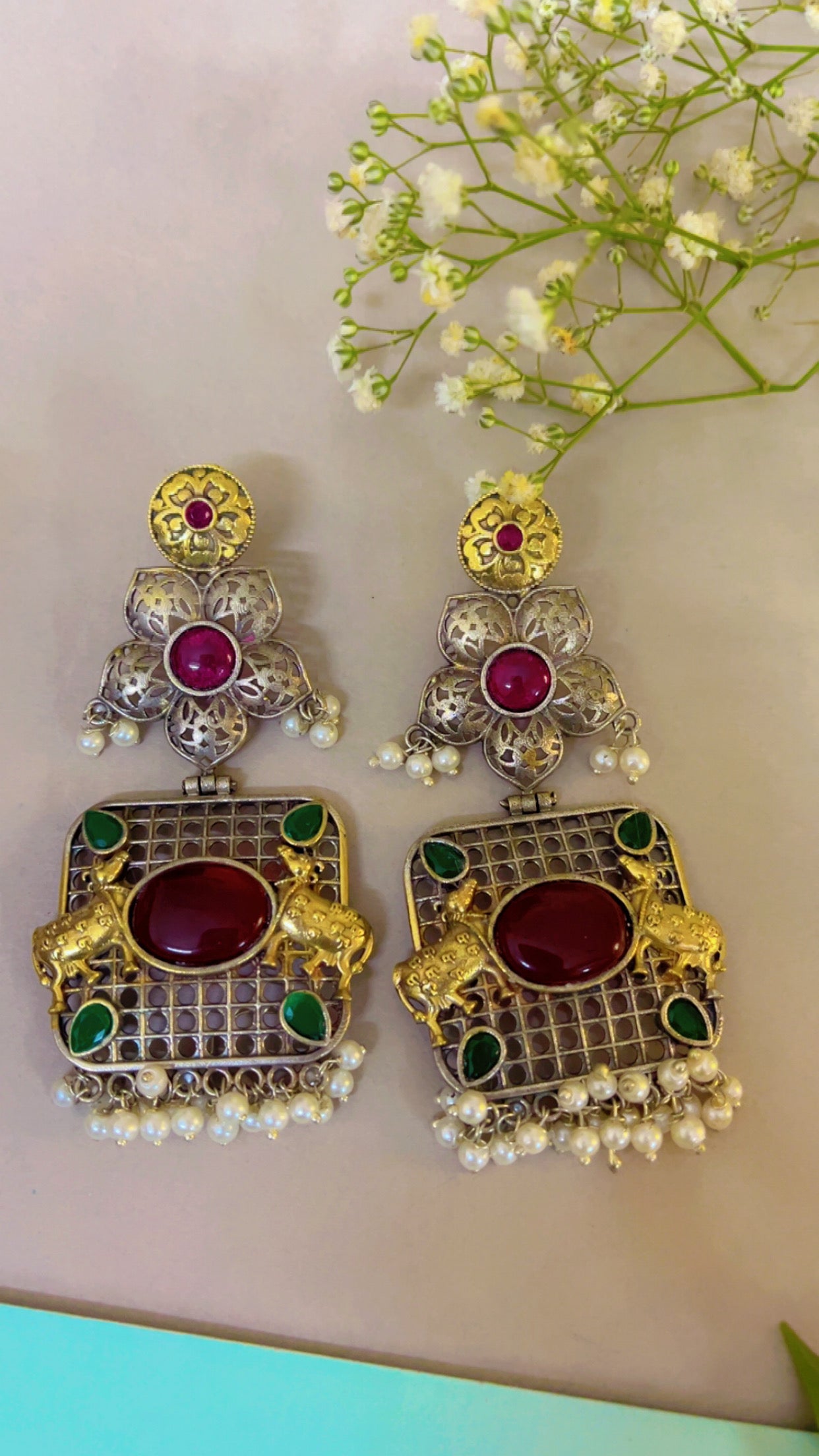 Red Naintara Silver Earring